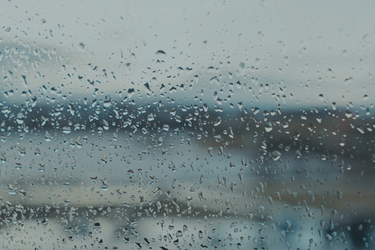 Rain-covered window with a blurred grey landscape beyond, evoking the feeling of being physically present but mentally elsewhere — from a BRÍ Wellness blog post on stress, constant availability, and the hidden cost of always being on.